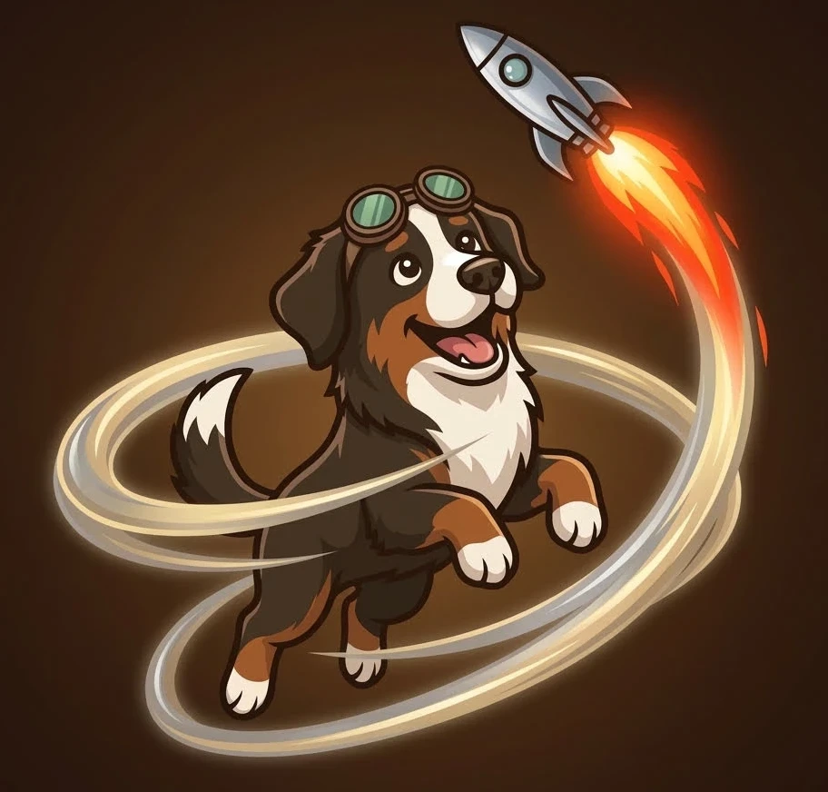 Bollo, the BolloPrint mascot, leaping through light trails as a rocket takes off